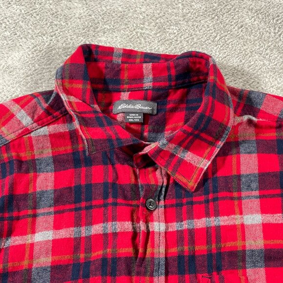 Eddie‎ Bauer XXL Flannel Shirt Red Blue Plaid Long Sleeve Button Down Men's - Picture 3 of 11